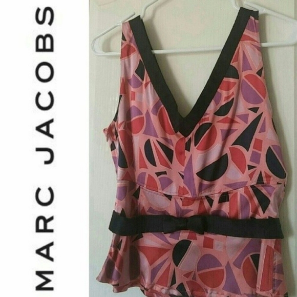 Marc Jacobs Silk PEPLUM BLOUSE Sleeveless V Neck Pink Black SZ 8 Womens 8 - Picture 1 of 6